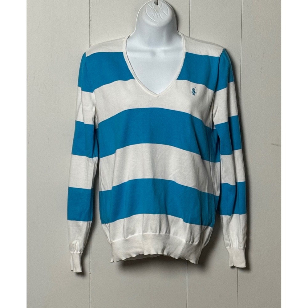 Ralph Lauren Sport Womens Blue White Striped Pima Cotton V-Neck Sweater Size M